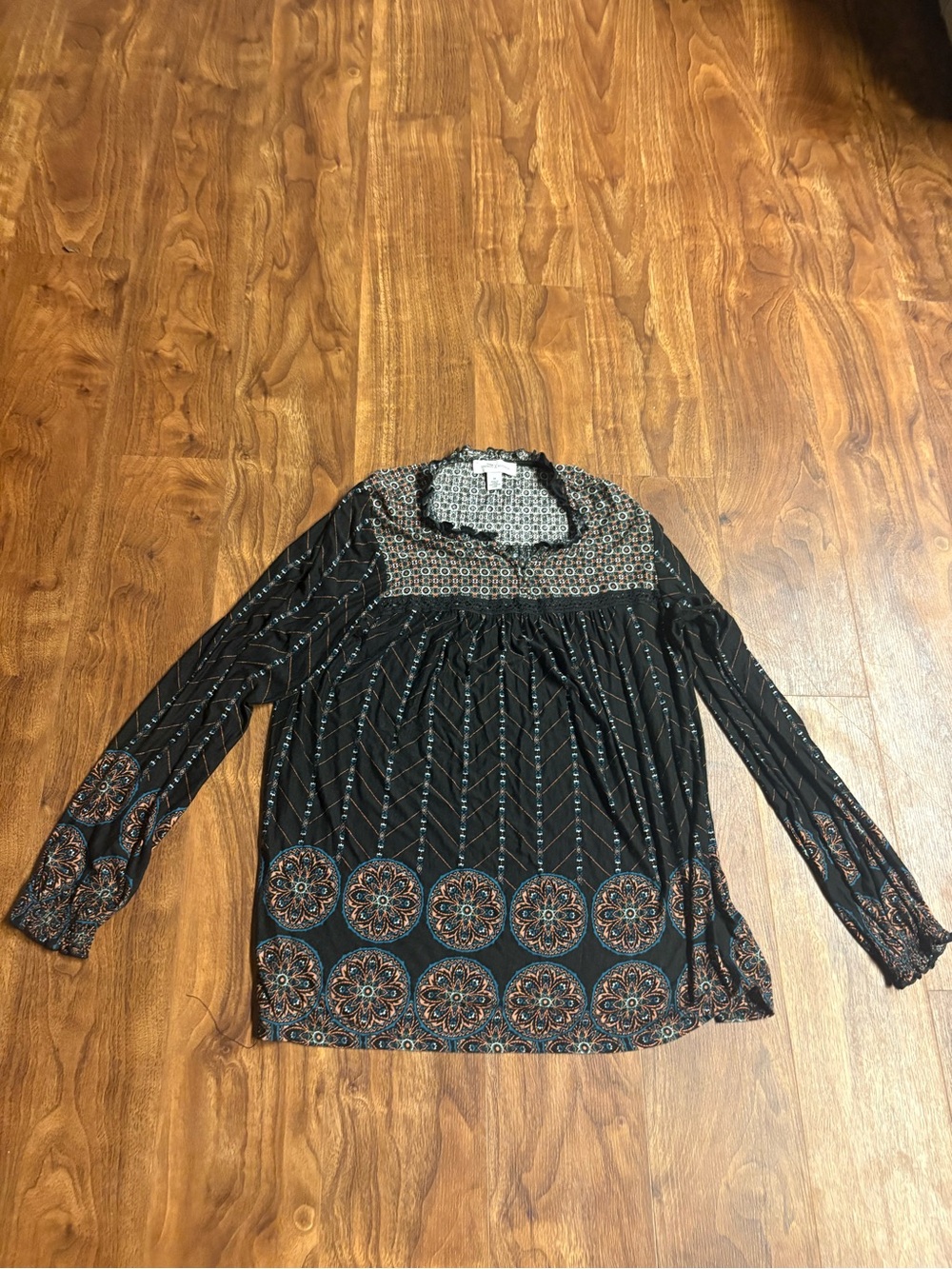 Boho Medallion Print Long Sleeve Peasant Blouse Blouse Black size medium